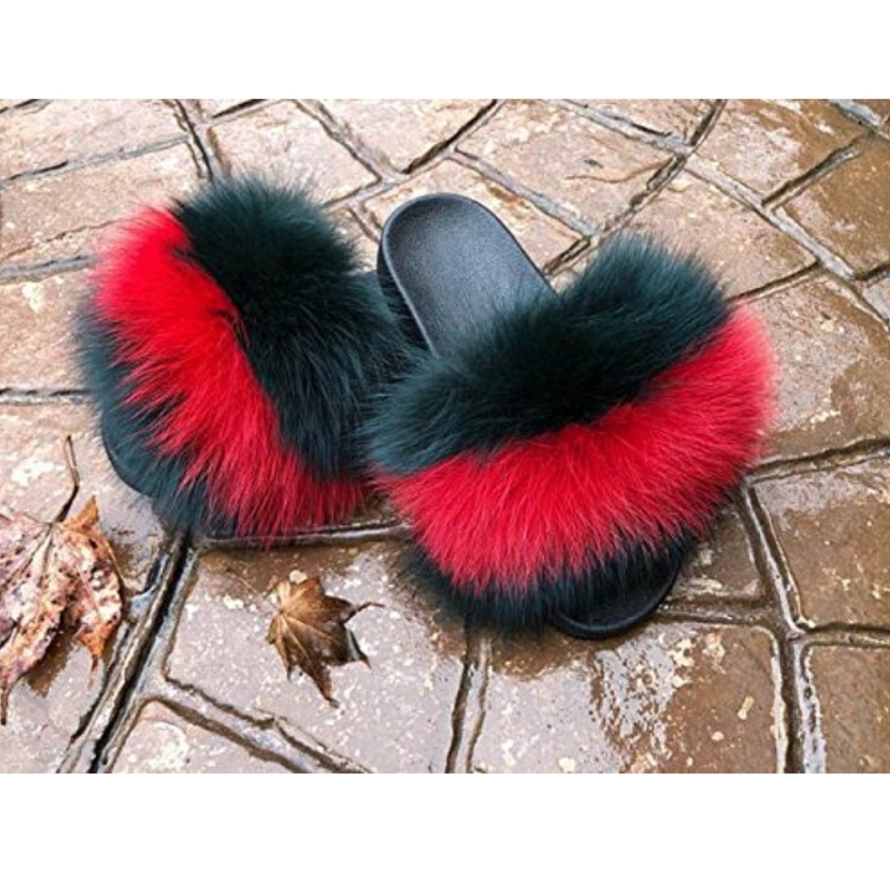 Red Green Faux Fur Slides